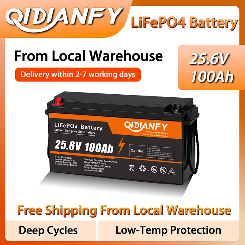 Qidianfy 24V 100Ah LiFePO4 Battery with 100A BMS 2560Wh Power Output 15000 Cycles for RV Solar Systems Camping Fishing Backup Power