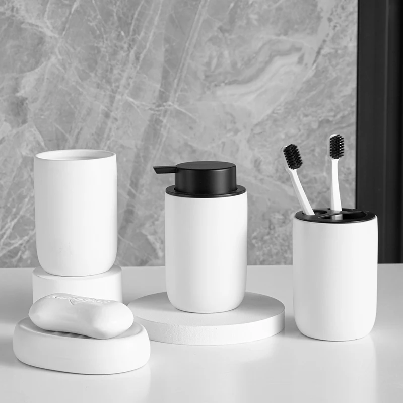 Set Accessori Bagno Acrilico 4 Pezzi - Erogatore Sapone, Portasapone, Bicchiere Dentiera E Collutorio - 4