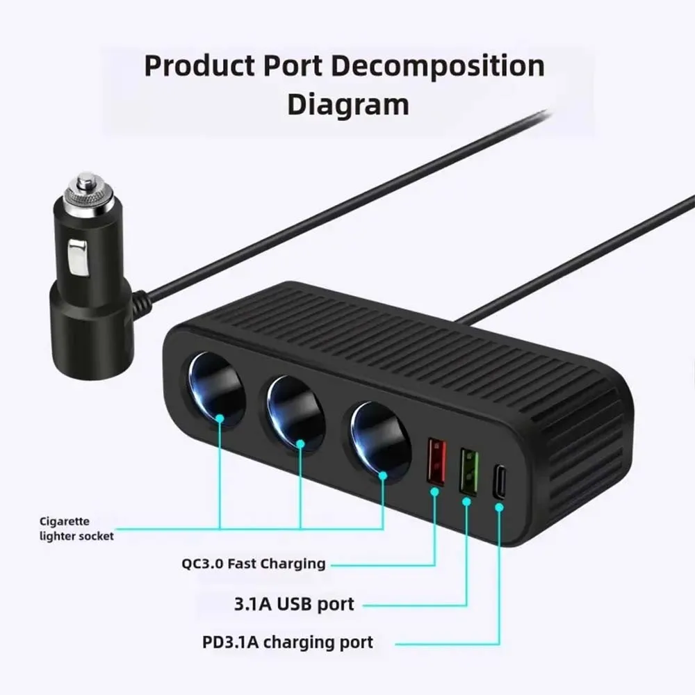 12V/24V Car Cigarette Lighter 120W Car Charger PD QC USB Quick Charge Power Adapter Charger One-to-four Multifunctional Socket