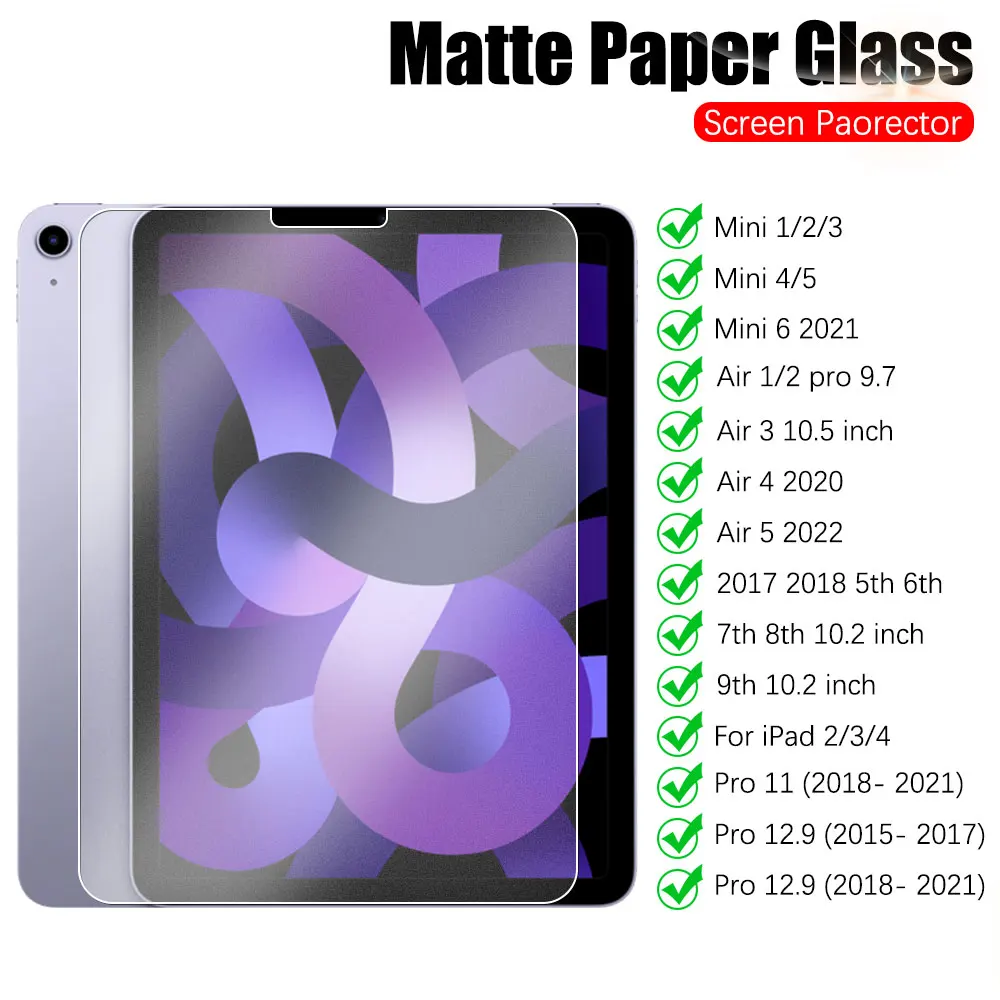 

Матовая как бумага для Ipad Air 4 5 Pro 11 12,9 2022 2021, закаленное защитное стекло для Ipad Mini 6 1 2 3 10,2 9, стекло поколения