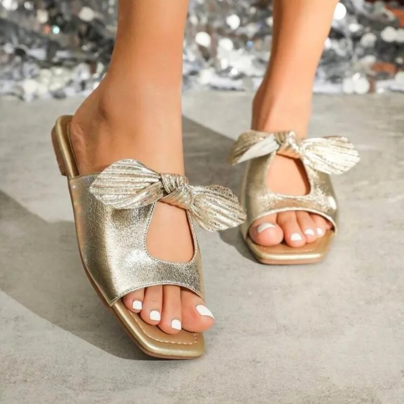 

2024 Flip flops Ladies Summer New Fashion Open Toe Flat Leather Women's Slippers Casual Solid Color Bow Beach Women's Slippers