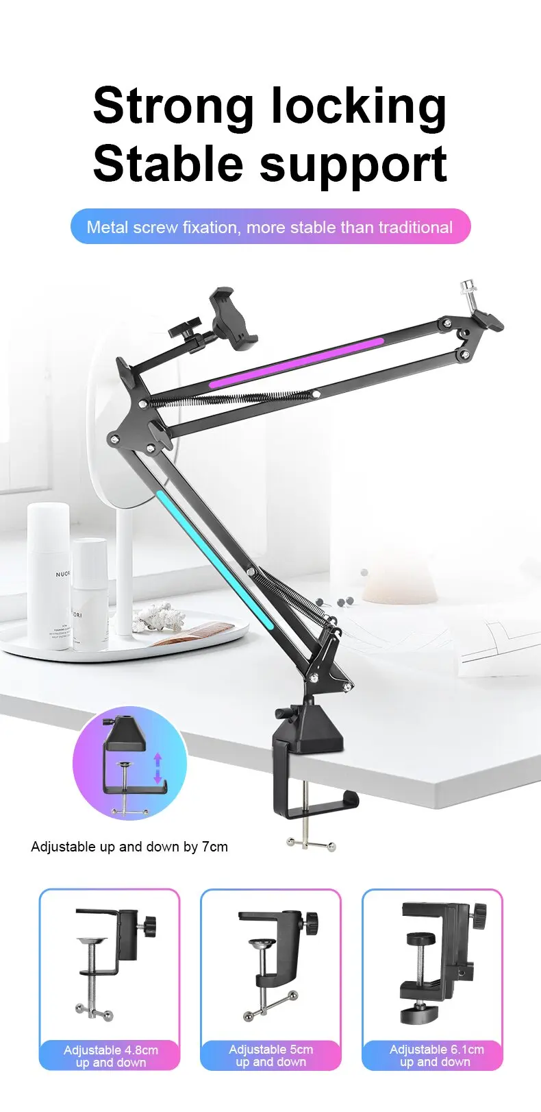 전문가용 데스크탑 마이크 스탠드 (RGB 조명 포함)