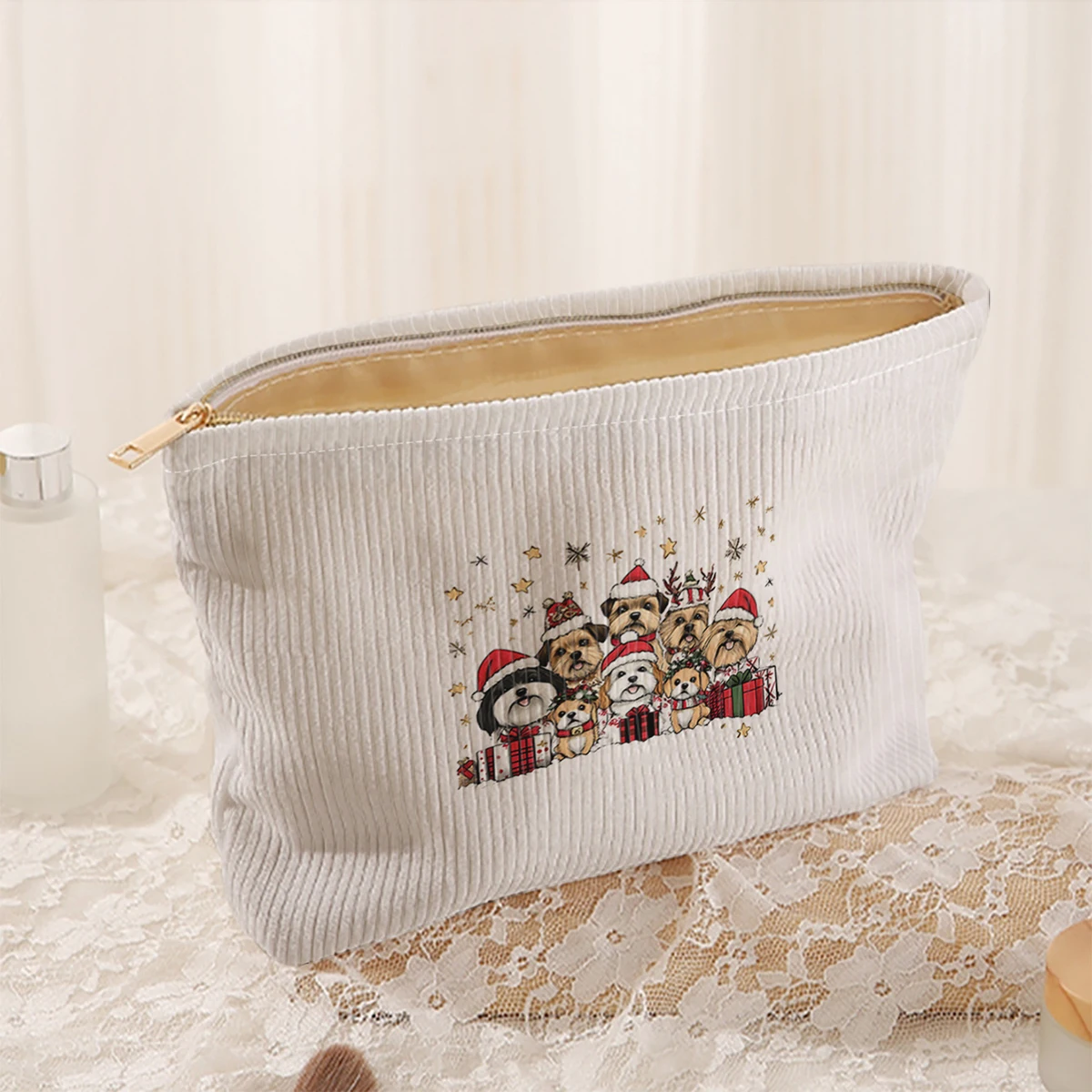 1 Christmas themed corduroy makeup bag, lightweight zipper makeup storage box, multifunctional bag with lining
