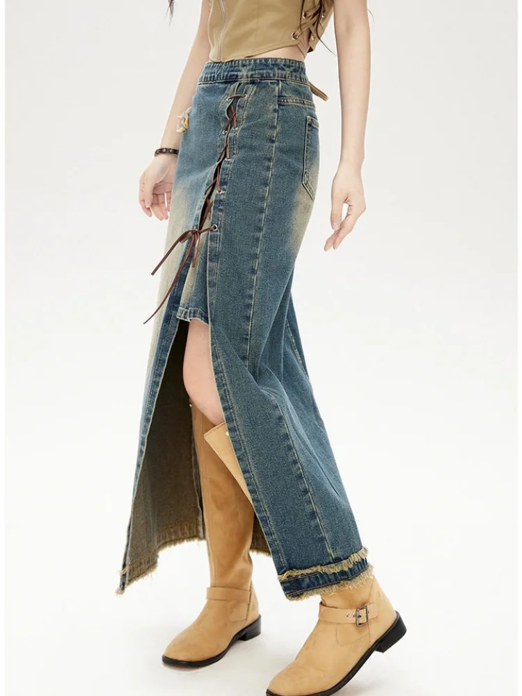 

Skirts Long Denim Skirt Women High Waist A-line Irregular Bandage Raw Edge Split Korean Fashion Vintage Jean Skirt Autumn