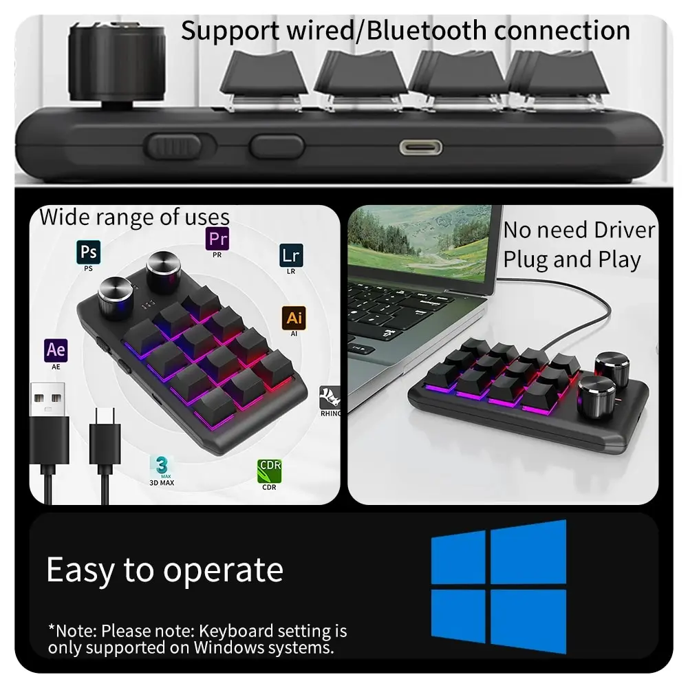 12키 2노브 매크로 프로그래밍 기계식 키보드 USB 유선 블루투스 2.4G 3모드 핫스왑 매크로패드 게이밍용 키보드 (PS용)