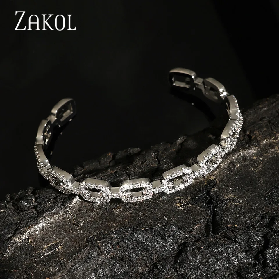ZAKOL Classic Hollow Geometric Open Bangles Bracelets for Women Delicate Full Cubic Zirconia Bride Bangle Stylish Brand Jewelry