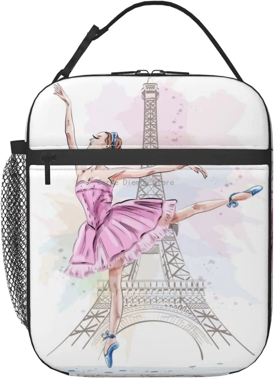 

Pris Eiffel Tower Ballerina Dancing Girl Lunch Bag Insulated Lunch Box Cooler Tote with Shoulder Strap for Boys Girls Women Men