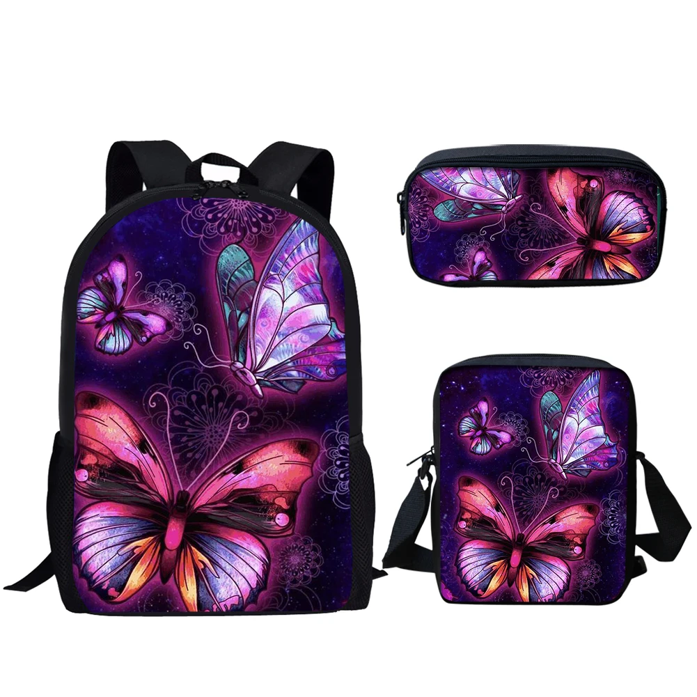 Purple Butterfly Moon Print 3Pcs School Bags for Teen Girls Travel Backpack for Women Casual Schoolbag Large Capacity Backpack