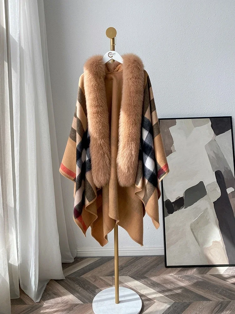 Fox Fur Collar Shawl Solid Wool Velvet Cloak Plaid Double Sided Thick Winter Warm Raw Edge Coat Casual Women's Clothing Fashion