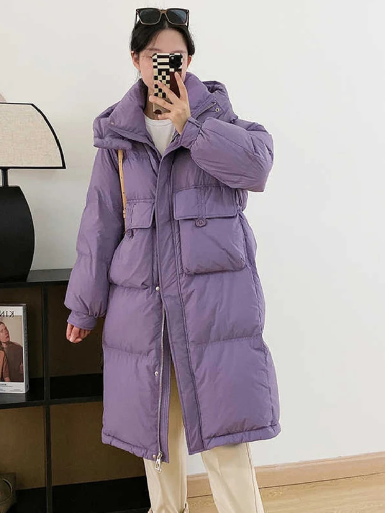

Winter Hooded Medium Length Down Jacket Women New Solid Korean Casual Loose White Duck Down Jacket Warm Thickening Parkas
