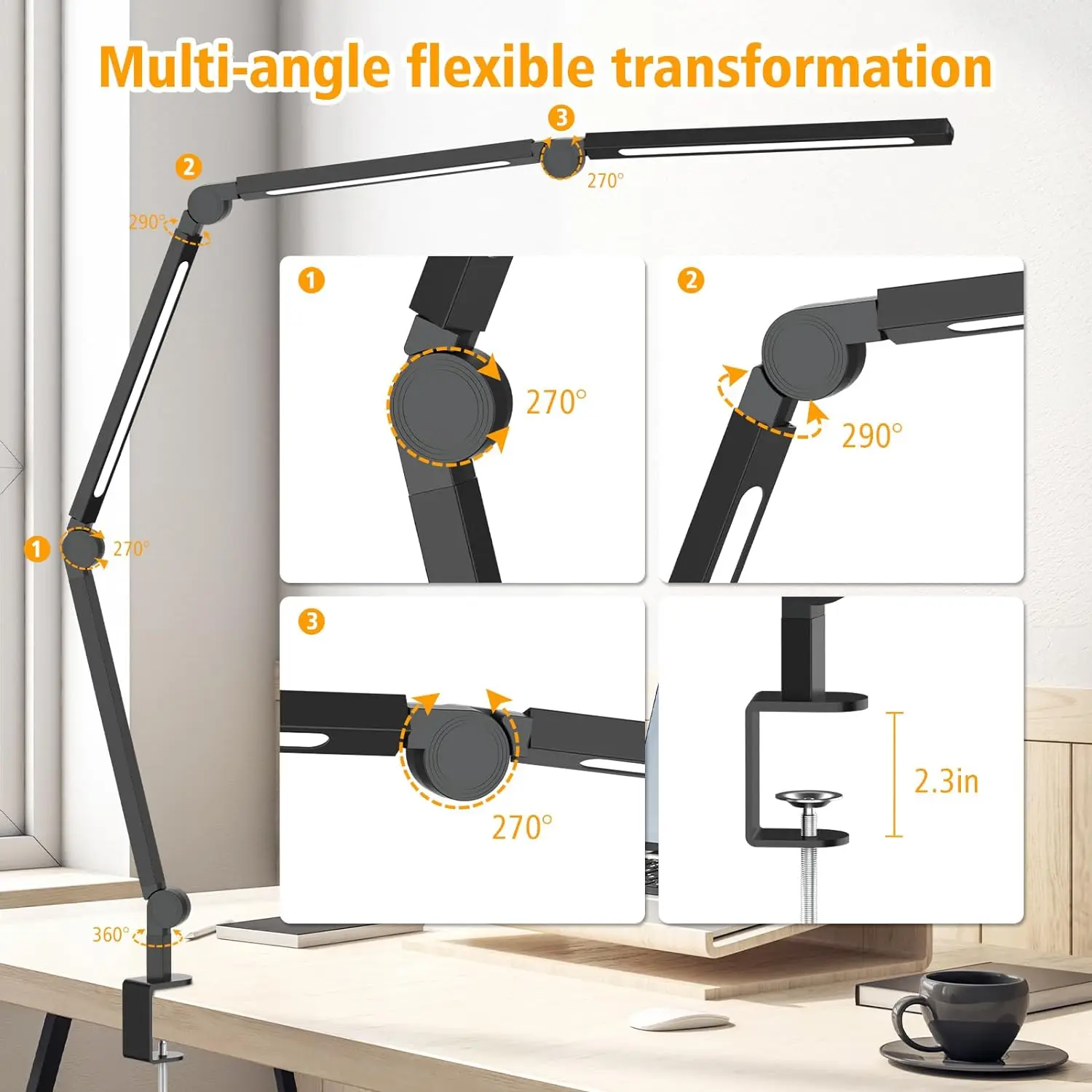 LED Desk Lamp with Clip, Multi-Angle Flexible 4-Segment 3-Light Source Office Desk Lamp, Table Lamp for Home Office Studio 6