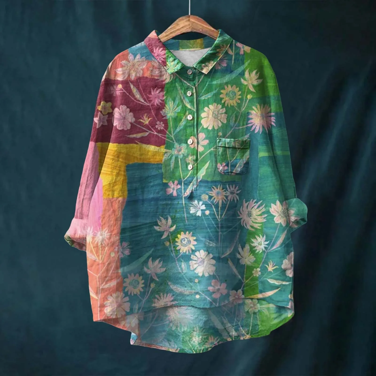 Women Shirt Flower Pattern Printed Lapel Neck Casual Cotton And Linen Long Sleeve Fall Exercise Clothes