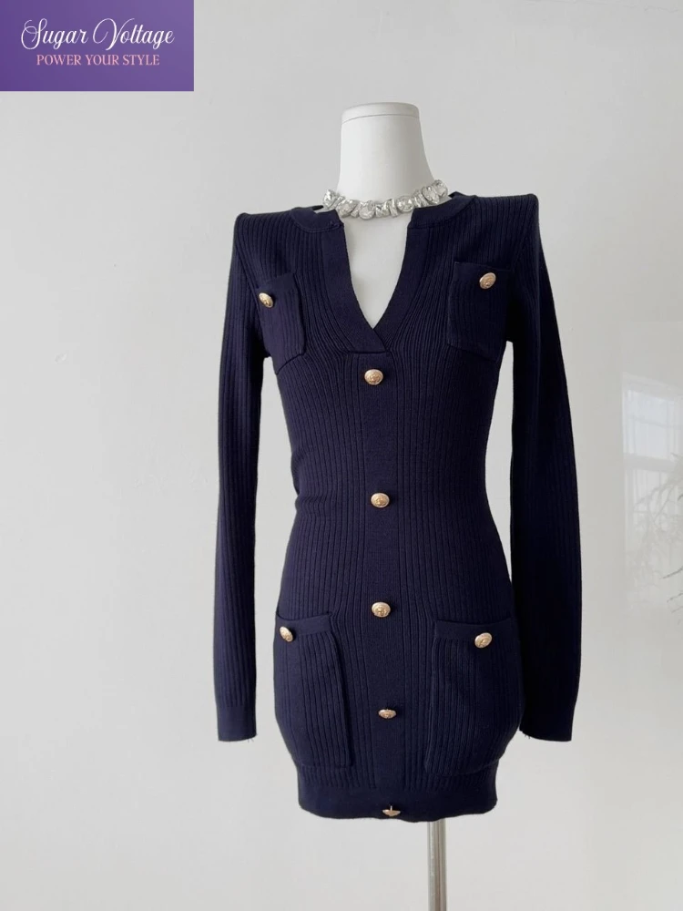 Elegant Retro French Style Dress Women Autumn 2025 Slim Fit Knit Long Sleeve High Waist Office Lady Vintage Chic Outfit Fashion