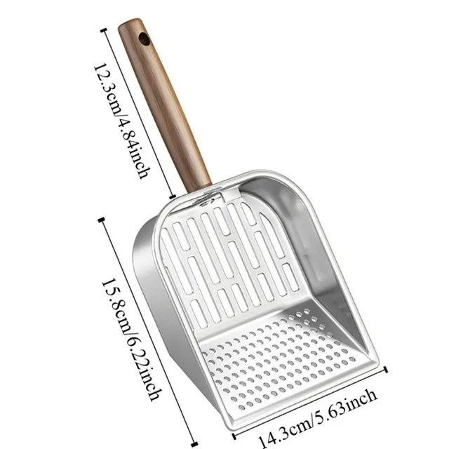 Stainless Steel Cat Litter Scoop Wooden Handle Hollow Design Litter Box Shovel Nonstick Surface Large Waste Removal Sifting Tool 6