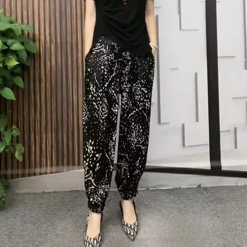 Literary Vintage Spring Fashion Lantern Pants Women's Print Elastic Waist Pockets Versatile Loose Ice Silk Tie Feet Harlen Pants