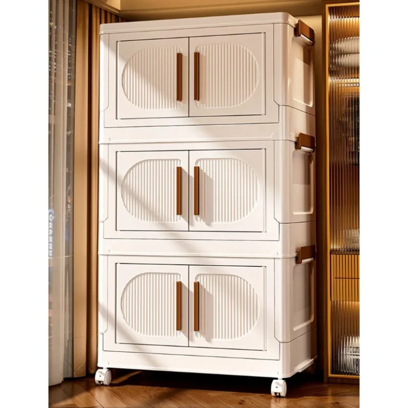 Household Folding Stackable Storage Boxes with Doors and Wheels Large Capacity Plastic Wardrobe Bins Collapsible Cabinet Box