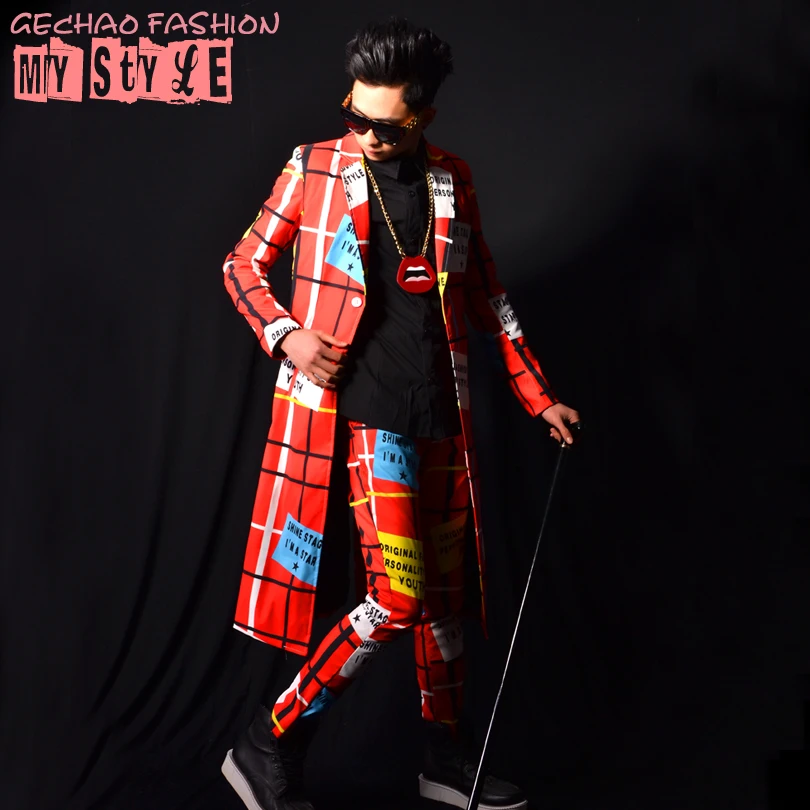 Men Suit Long Red Plaid Line Letter Patchwork Coat Pants Nightclub Male Singer DSDJ Bar Stage Performance Clothing Fashion Set