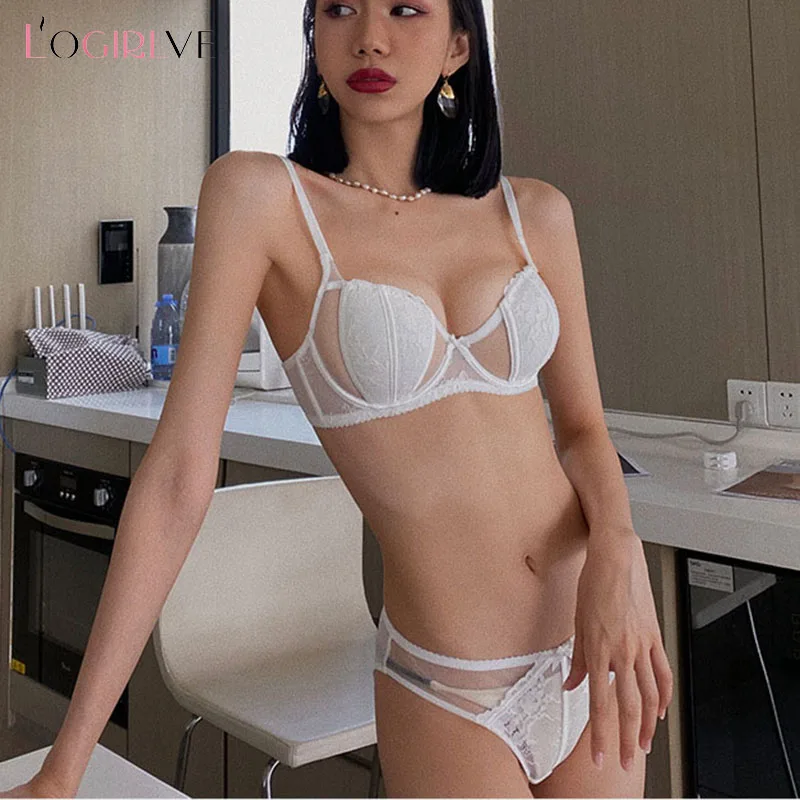 Logirlve Sexy Bra Panties Set Lace Lingerie Transparent Ultra thin