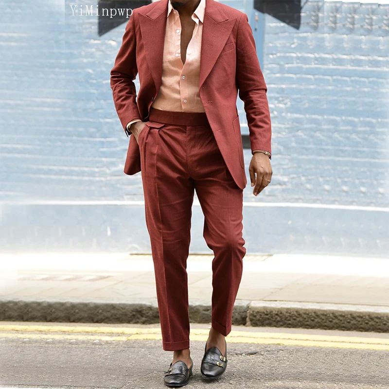 Jujube Red Linen Men Suits 2 Piece South Africa Blazer Sets Prom Suits