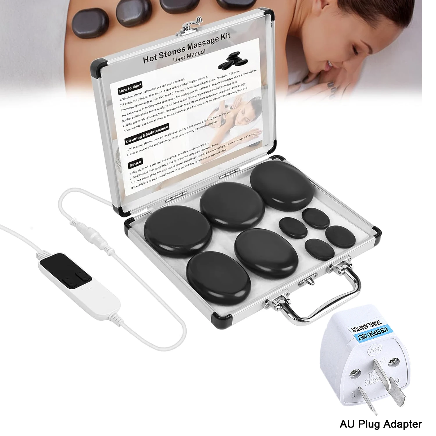 Hot Stones Massage Kit with Heater, 9Pcs Basalt Rocks Electric Hot Stone Warmer Set with Heating Box for Spa & Home Use
