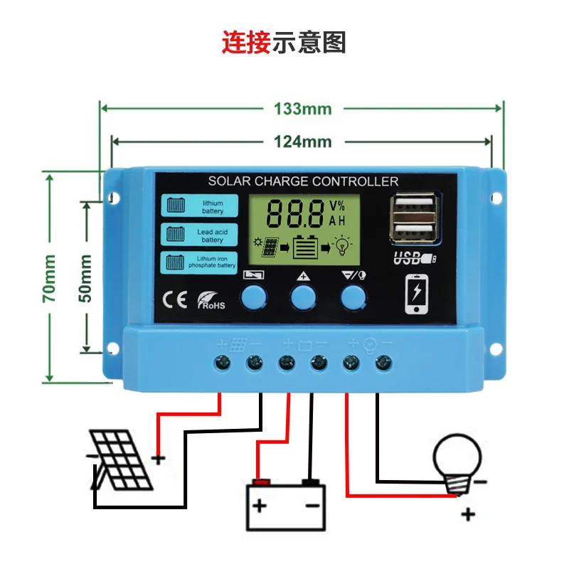 Controlador de Carga Solar PWM Regulador PV para Lifepo4 Gel de Lítio Ácido ao Chumbo 100W 200W 300W Painel Solar, 10A, 20A, 30A, 12V, 24V