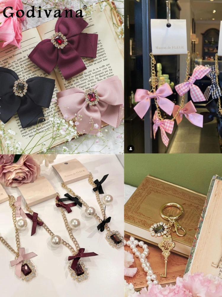 Sweet Cute Japanese Women's Barrettes Early Autumn Diamonds Bow Hairpin Ornament Fashion High-End All-Match Bag Lanyard Pendant