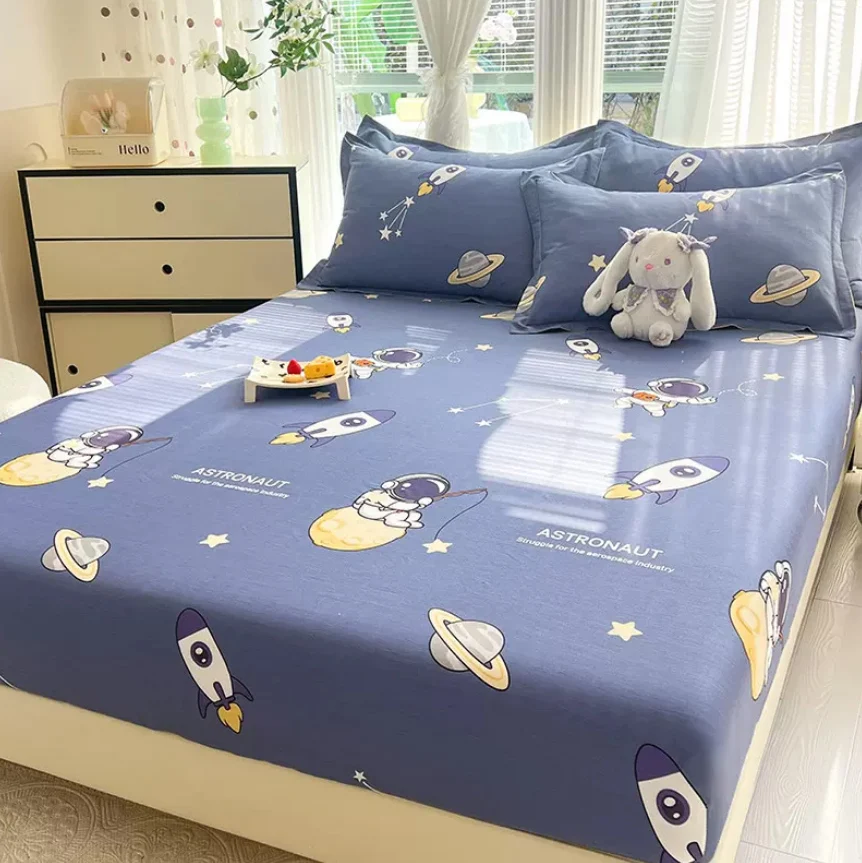 Fitted Sheet with Elastic Band 100% Cotton + 2pcs Pillowcase Soft Cartoon Space Printed Children Boys Girls Bed Mattress Cover 5