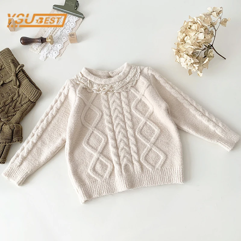

Autumn Winter Baby Girls Lace Sweaters Sweet Kids Baby Girls Long Sleeve Solid Color Knitting Pullovers Children Sweaters