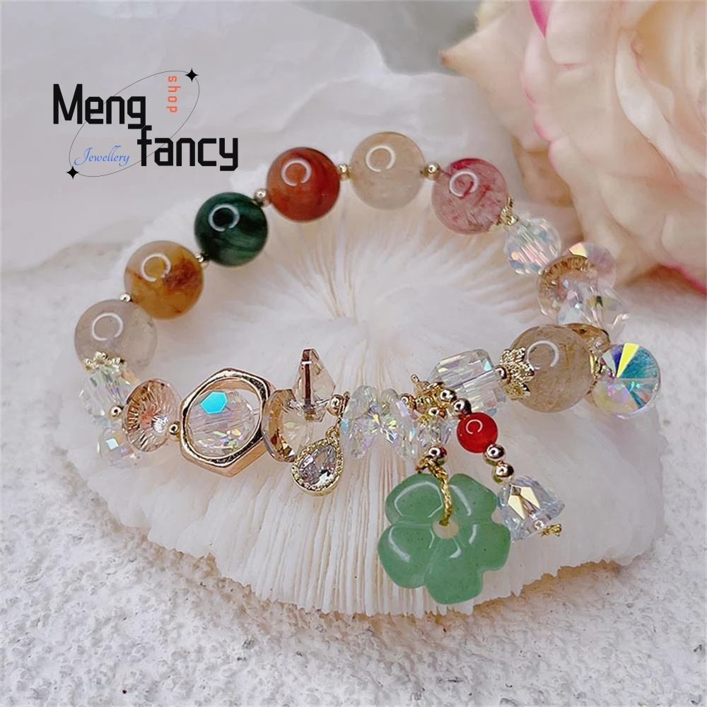 New Color Crystal Bracelet Female Retro Ethnic Style Green Dongling Jade Small Flowers Accessories Crystal Strings Hand Jewelry