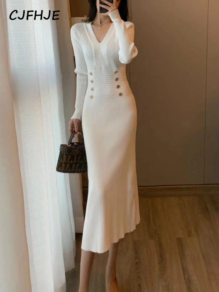 

CJFHJE Winter Sheath Midi Knitted Dress Sexy V-neck Long Sleeve Wool Blend Warm Knitting Elegant Lady Dress Slim Fashion Dresses