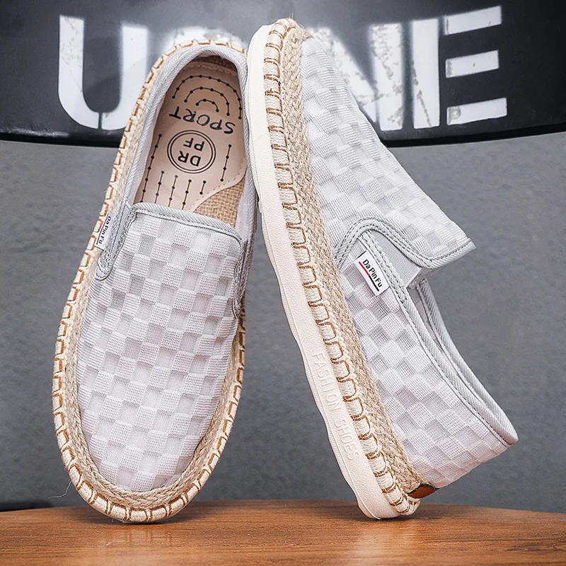 

Мужские парусиновые туфли, дышащие лоферы, клетчатый принт, без застежки, плоская подошва, повседневная обувь в рыбацком стиле, весна-лето