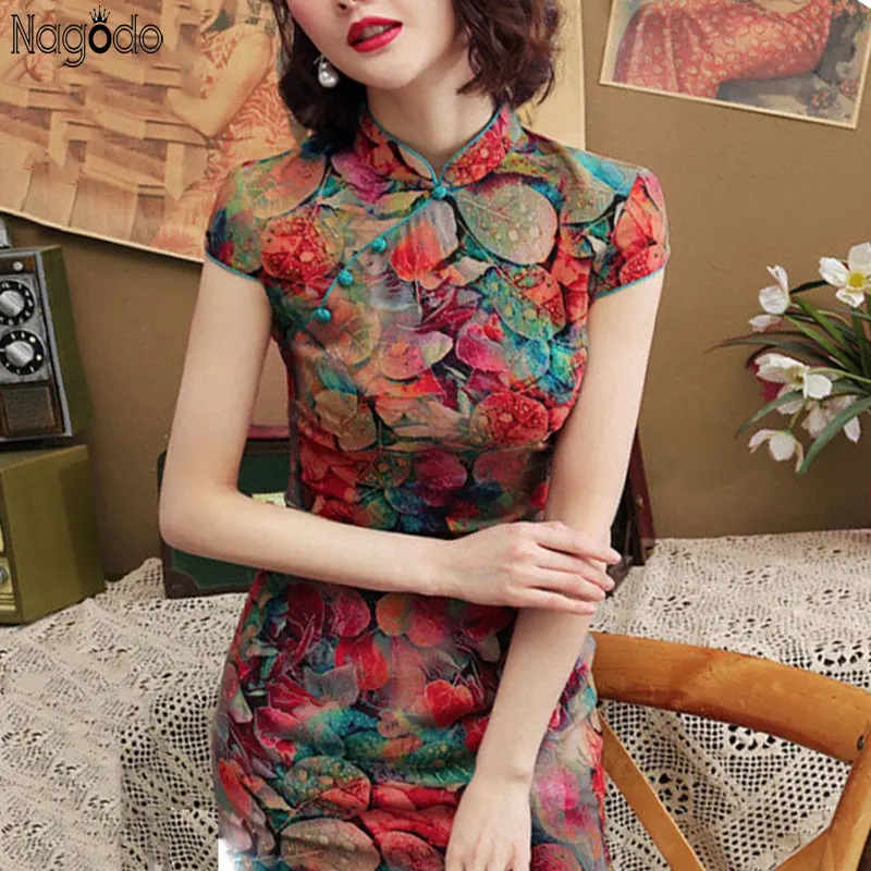 2023 New Summer Elegant Floral Print Plus-size Low Slit Short Cheongsam Qipao Dress Women Bride Party Chinese Traditional Dress