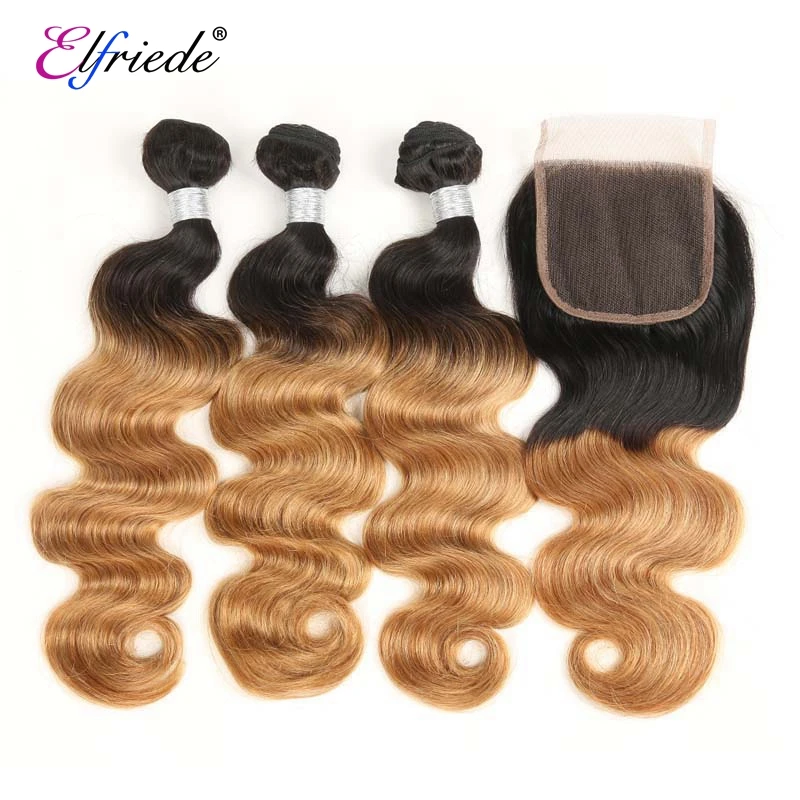 

Elfriede T1B/27 Honey Blonde Body Wave Ombre Color Hair Bundles with Closure Human Hair Weaves 3 Bundles with Lace Closure 4x4