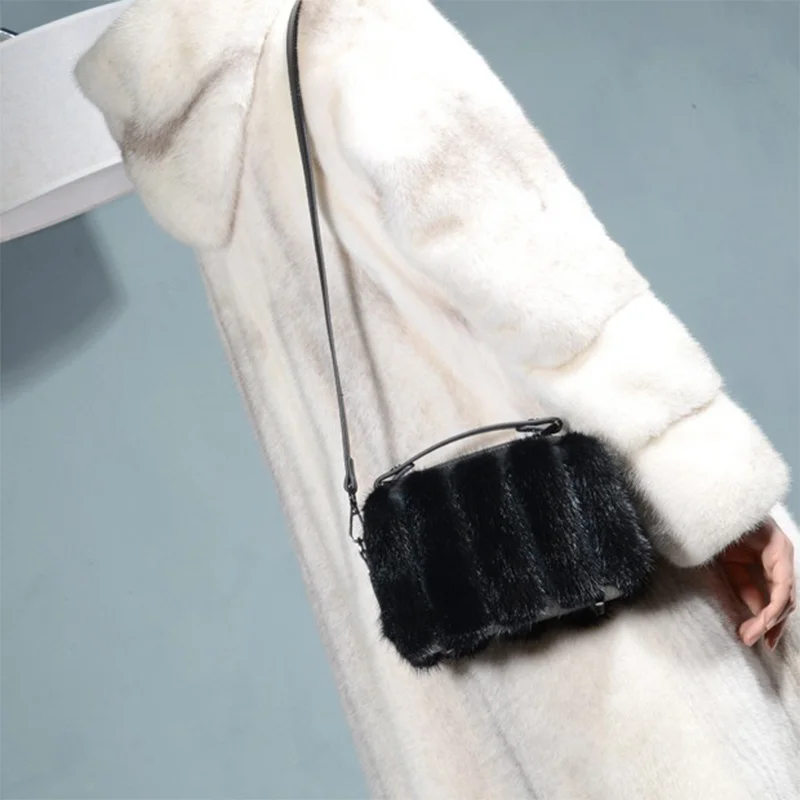 Women's New Small Square Bag Double Zipper Fashion Real Mink Hair Shoulder Bag High-end Banquet Elegant Leather Clutch Bag