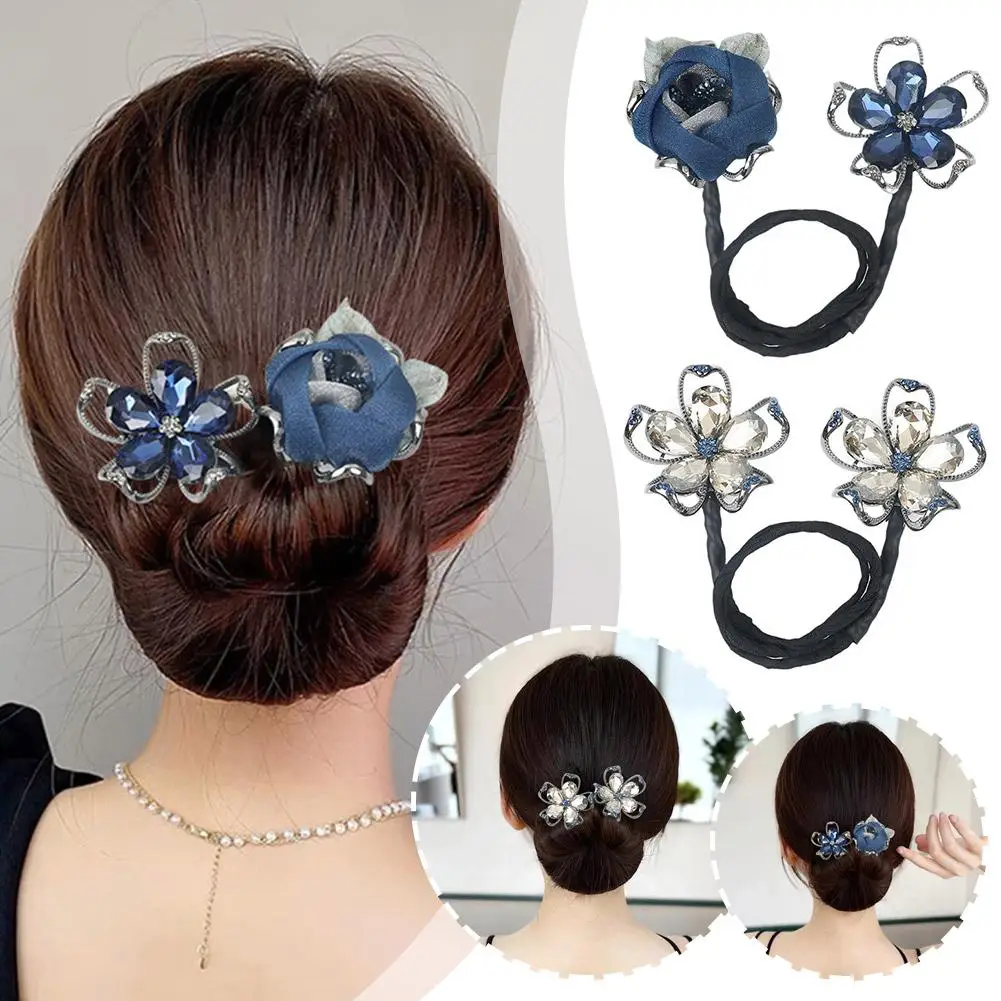 Elegant Shiny Rhinestone Flower Donut Hair Stick DIY Updo Fashion Gentle Hairband Headwear Hair Accessories Gifts For Women N6C7 classic mouse dot bow hairband women trendy headwear sequins bow fashion party headband girls shiny polka diy hair accessories