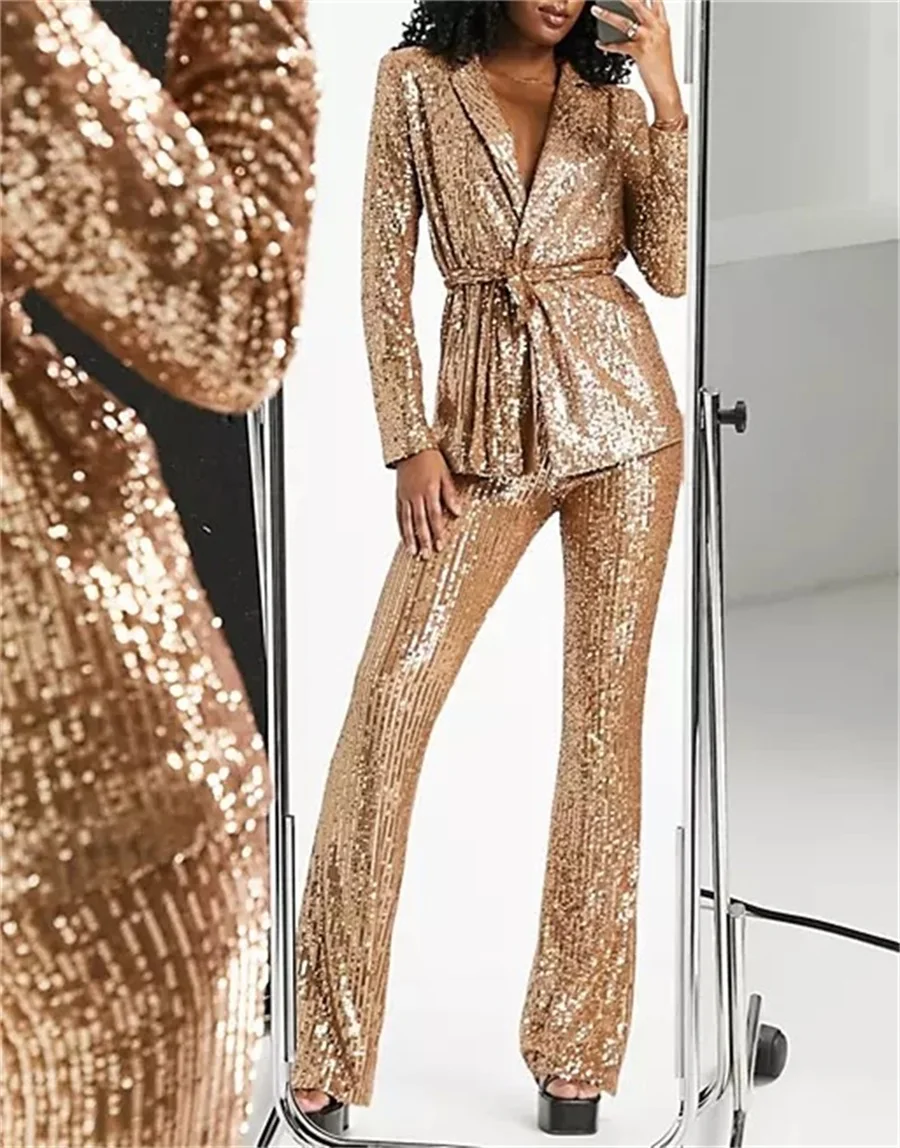 

Sparkling Sequin Women Suits Sets For Wedding 2 Pcs Blazer With Belt + Pants Formal Red Carpet Prom Evening Dress Custom Made