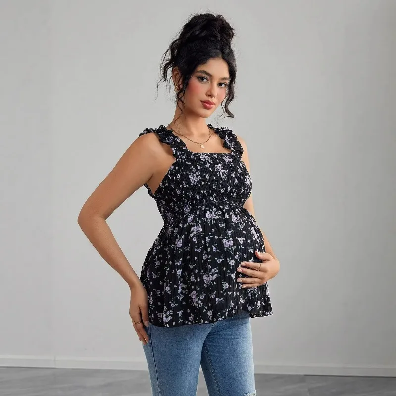 임산부 셔츠 임산부 의류 프린트 캐미솔 탑 스퀘어넥 임산부 탱크탑