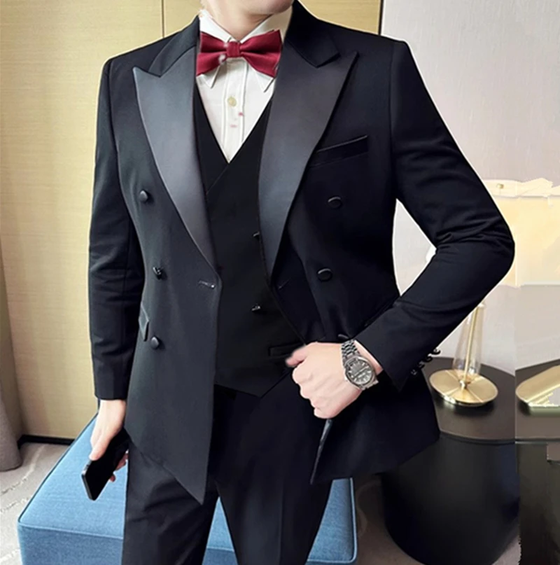 

2023 Fashion New Men Boutique Solid Color Double Breasted Slim Suit Three Piece Set Dress Blazers Jacket Pants Vest 3 Pcs
