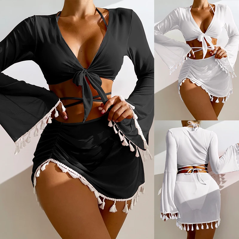 

4 Piece Lace Up Triangle Halter Bikini Swimsuit & Cover Up Top With Skirt Sexy Swimwear Women 2023 Bathing Swimming Suit Female