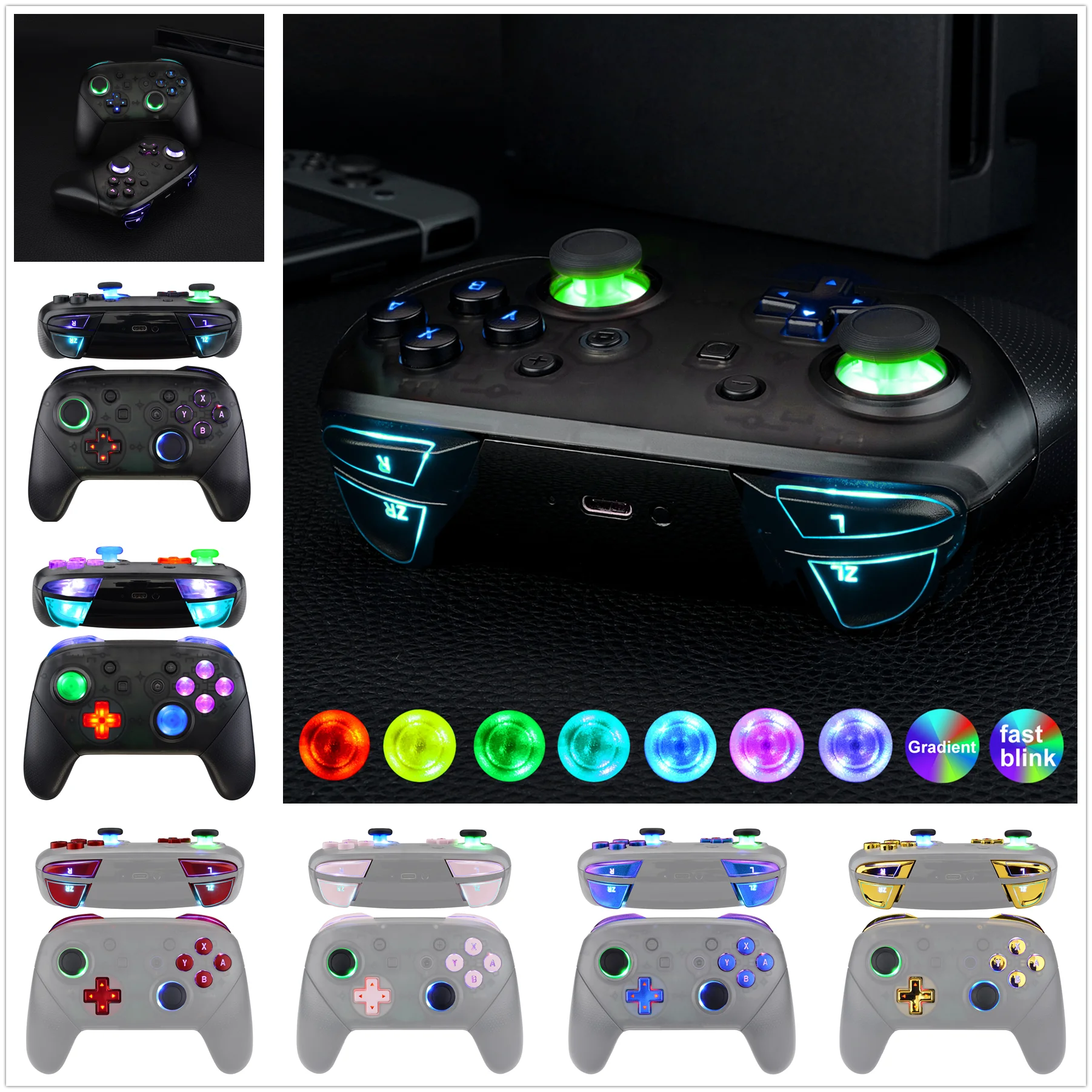 Extremerate Luminated Thumbsticks D-Pad Face Buttons Kit Led Dfs Fai Da Te V2 Per Nintendo Switch Pro Controllere - 9 Modalità Colori