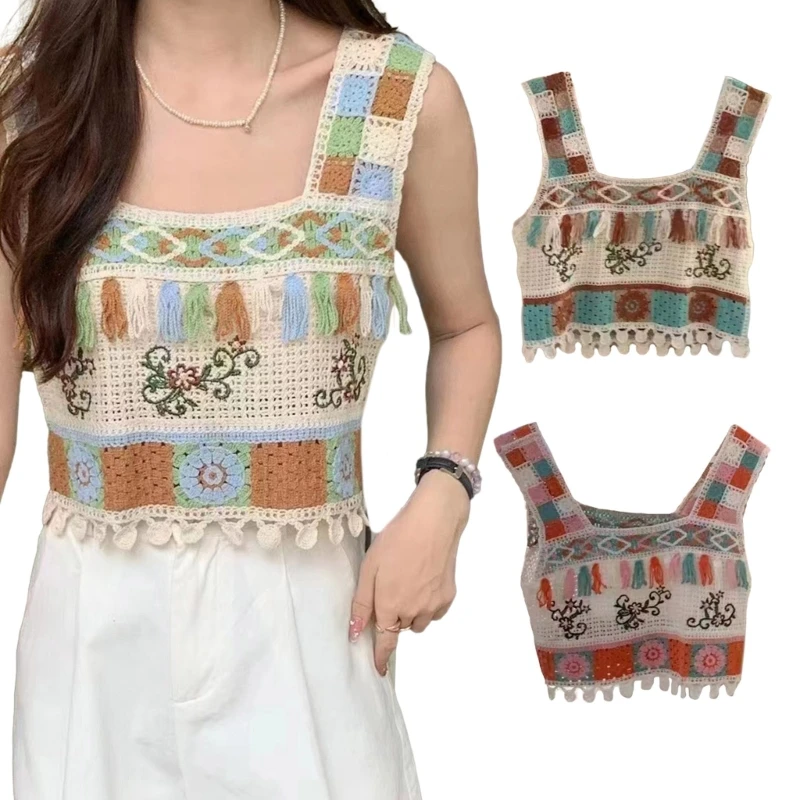 

Ethnic Knit Hollow Out Camisole Top Mini Vest Summer Knit Sleeveless Tops P8DB