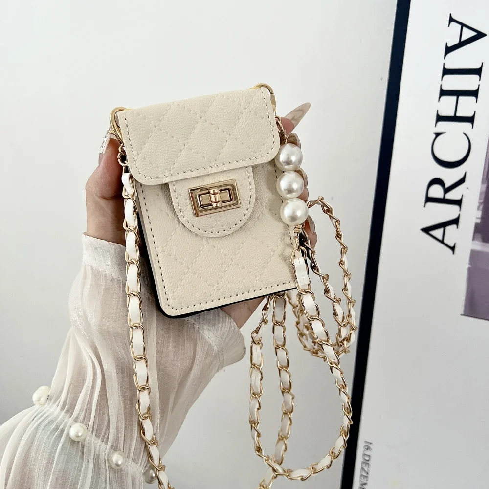 Pearl-Embellished Leather Phone Case with Shoulder Strap and Card Holder