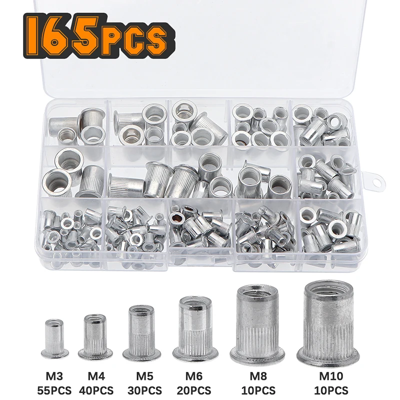 Rivets and Fasteners 190/165/100pcs M3 M4 M5 M6 M8 M10 aluminum flat head rivet nuts nutsInsert cap thread insert rivet nut tool set