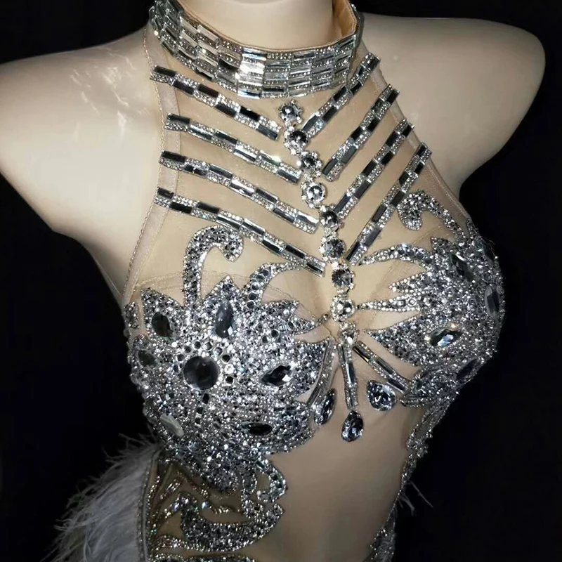 Sparkly Silver Crystals Mesh Bodysuit Women Feather Leotard Outfit Party  Costume