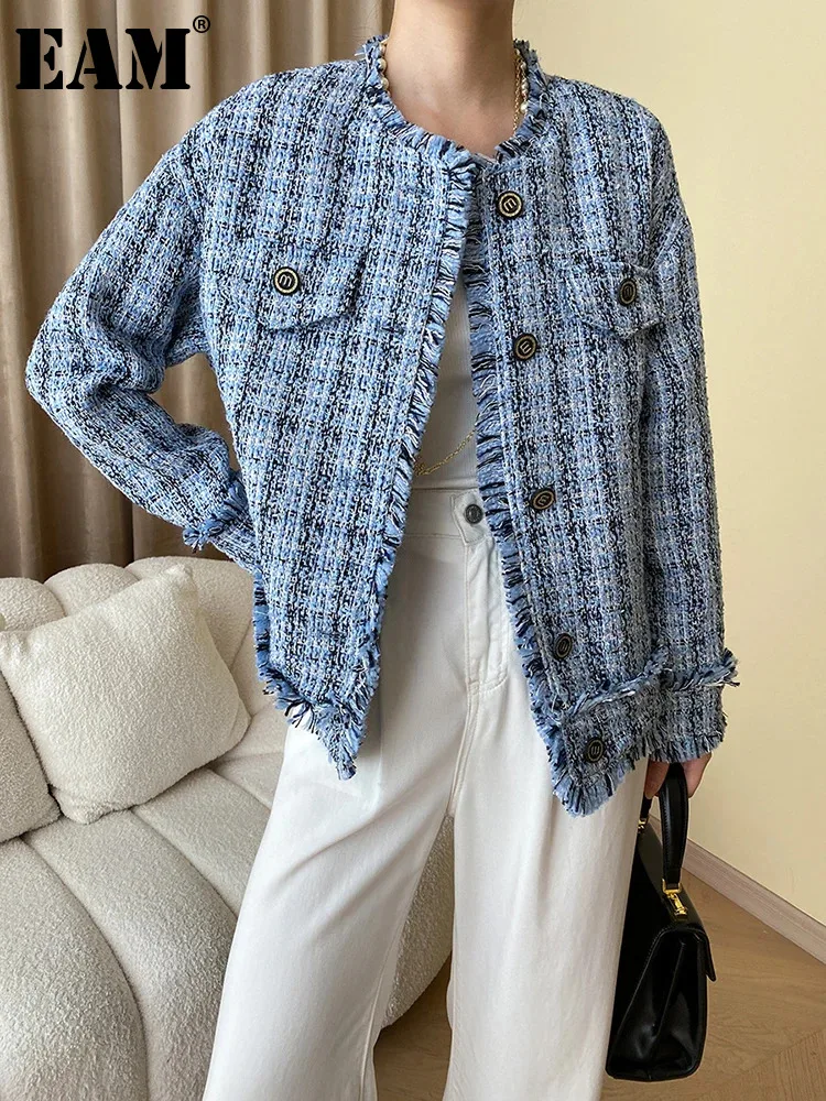 

[EAM] Loose Fit Blue Tweed Big Size Elegant Jacket New Round Neck Long Sleeve Women Coat Fashion Tide Spring Autumn 2024 1DF9841