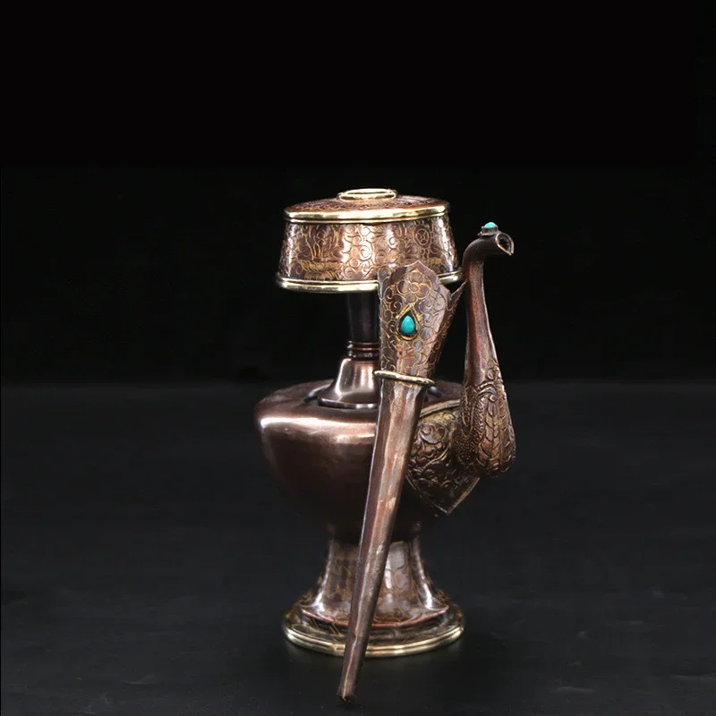 Brass Pemba Pot Asia Temple Family Hall Worshipping Nepal Auspicious Symbols of Buddhism Peacock Fan Buddhist Supplies