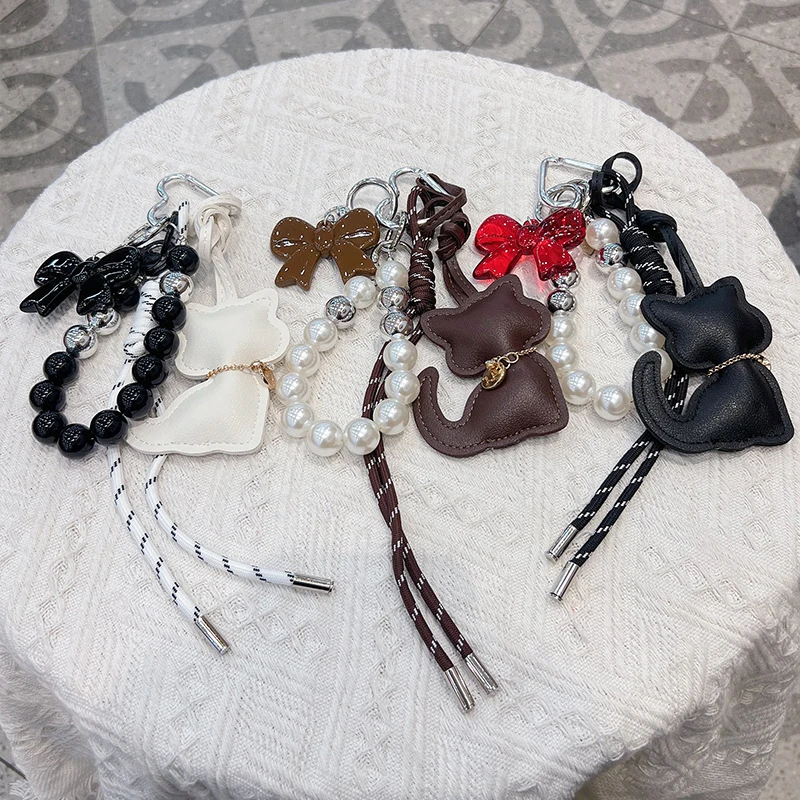Fashion Beads Keychain Cute Cat Leather Charm Women Maximalist Bag Ornaments Accessories Braided Rope Keyring