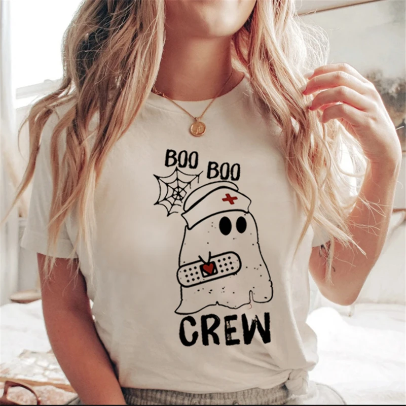 Lettera stampata bianca cartone animato Halloween autunno maglietta casual vestiti tendenza anni '90 donna donna T costume donna stampa grafica925_voghion.com