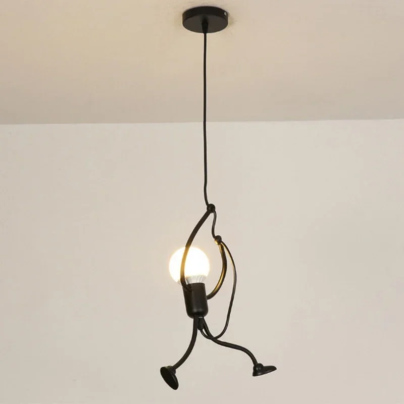 E27 Pendant Lights Vintage Iron Little Man Modern Arts Chandelier LED Ceiling Lamp Home Living Room Children Bedroom Decor Black