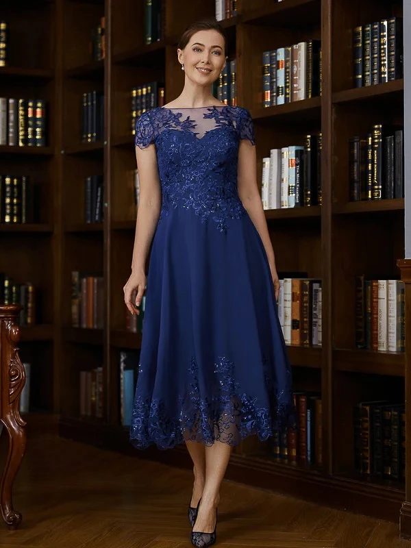 

A-Line/Princess Chiffon Applique Bateau Short Sleeves Tea-Length Mother of the Bride Dresses vestidos madre de la novia boda